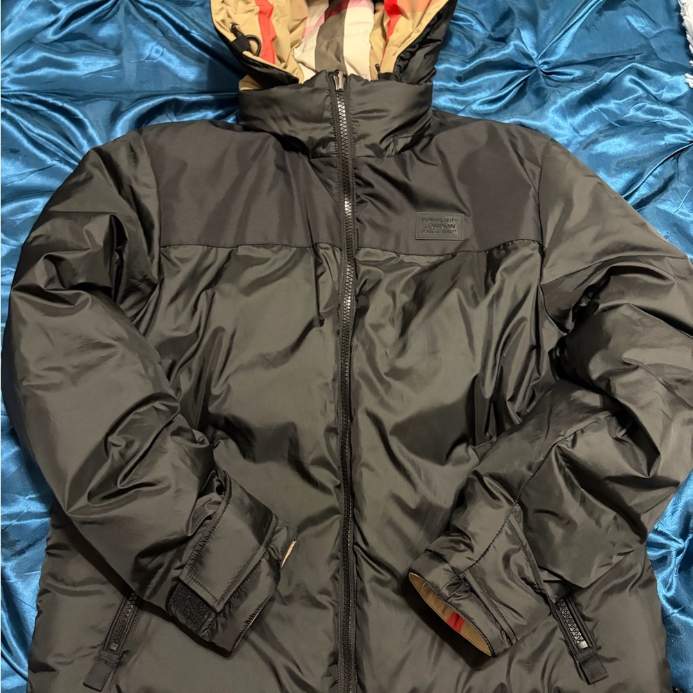 Burberry Charcoal Puffer Jacket with Beige Hood